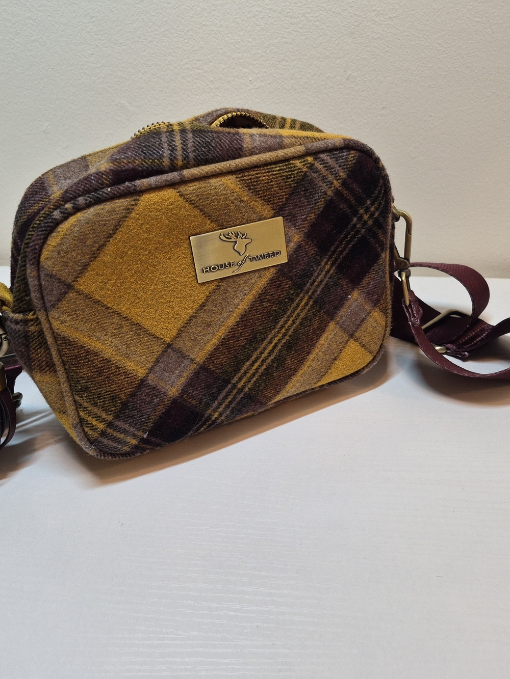 House of Tweed Plaid Wool Crossbody Bag - Mustard & Burgundy